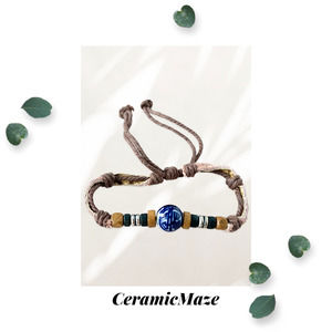 Ceramic Maze - Pink Leather and Cotton Woven Braided - Adjustable Bracelet